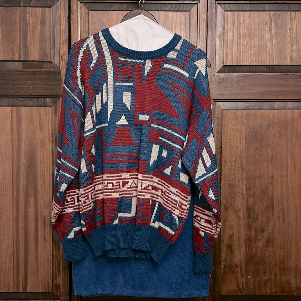 Jantzen 2 piece sweater skirt set. Colors are red, blue and white. Size M